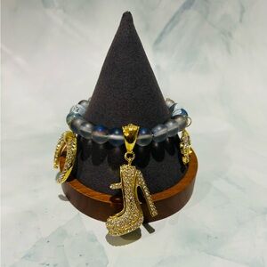Gold Crystal High Heel Charm Bracelet - Frosted Blue Beads